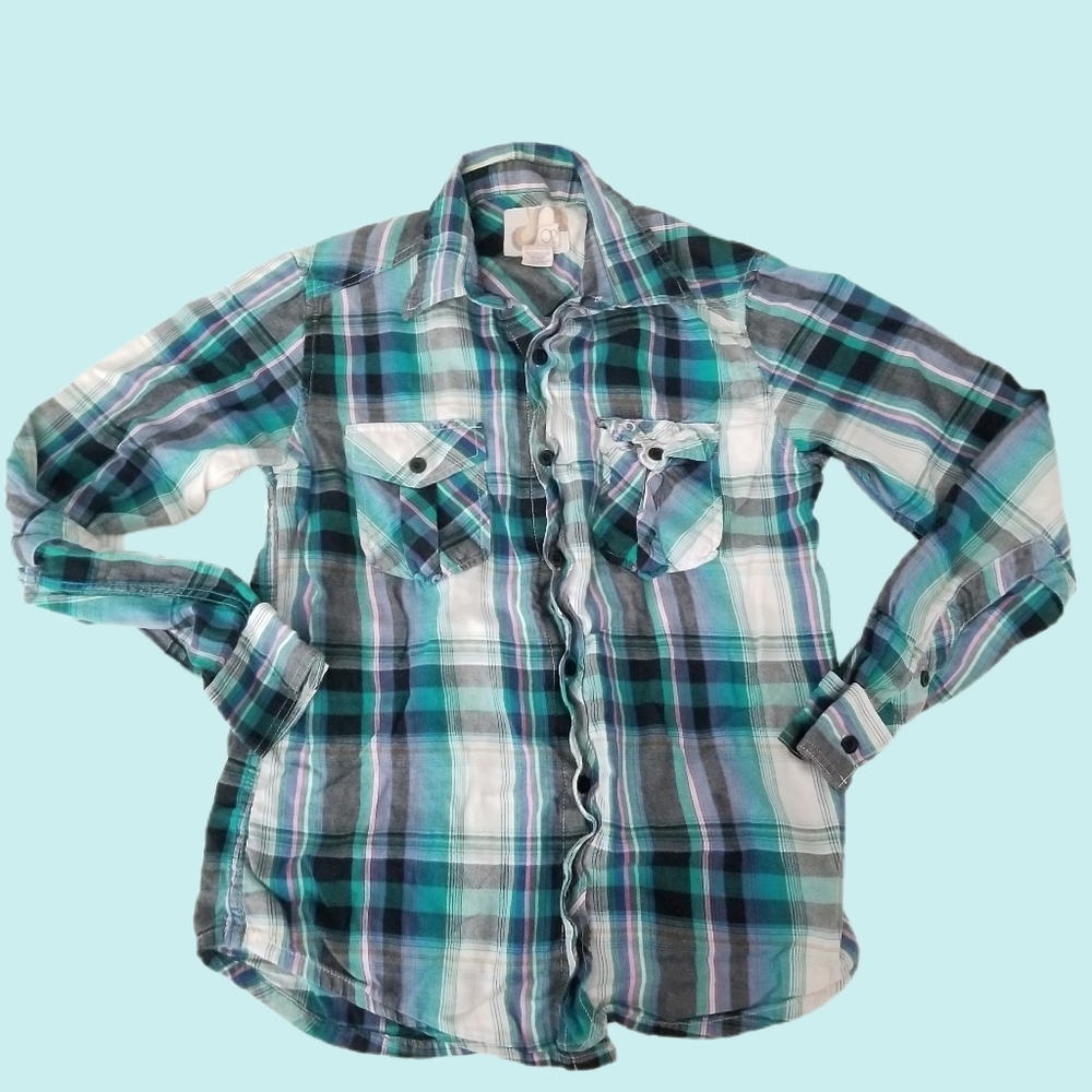 OP Mens Button Front Shirt‎ Multicolor Plaid Long S, 00290